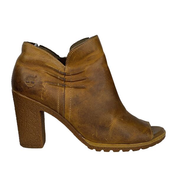 Timberland Peep Toe Leather Boots Women's SZ 7.5 Heeled Booties Glance Brown Zip - Picture 1 of 7
